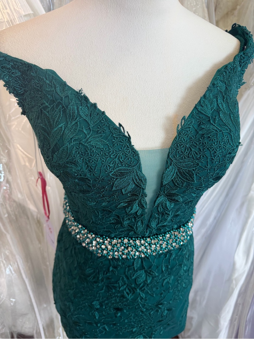 JVN Emerald Lace Off-Shoulder Dress with Beaded Waist - Picture 6 of 11